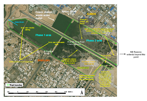 : Aerial view of Wasit Nature Reserve site, in Sharjah, UAE, bordering Ajman Emirate